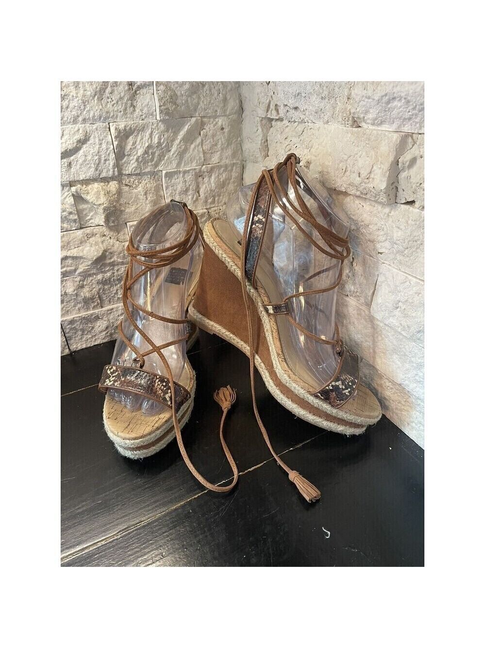 White House Black Market Sz 8.5 Brown suede snake Strap Wedge sandals women's